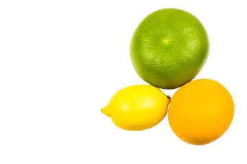 Assortment of fresh citrus fruits. Various citrus fruits on isolated white background. Fruit food background. Healthy eating and diet.