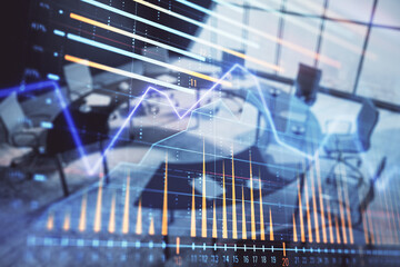 Double exposure of forex chart on conference room background. Concept of stock market analysis