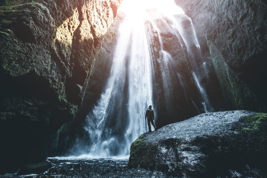 Perfect view of famous powerful Gljufrabui cascade. Location Seljalandsfoss fall, Iceland, Europe.