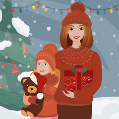 Obraz na płótnie Canvas Mother and her cute daughter. A cute greeting card for Christmas and New Year. Vector illustration.