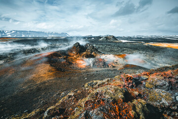 Mystery view of the geothermal valley Leirhnjukur. Location Myvatn lake, Krafla volcano, Iceland, Europe.