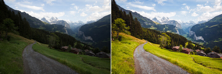 Perfect view of alpine village. Location Lauterbrunnen valley, Switzerland, Europe.