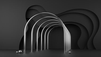 Abstract background. Primitive geometric shapes. Pastel color. Metal grid. Shop display. Cylinder podium. 3d rendering.