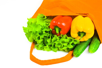 Eco shopping bag with healthy vegetables on a light background.