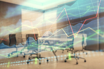Multi exposure of stock market graph on conference room background. Concept of financial analysis