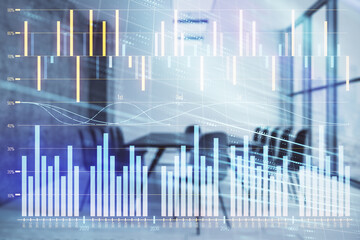 Multi exposure of stock market graph on conference room background. Concept of financial analysis