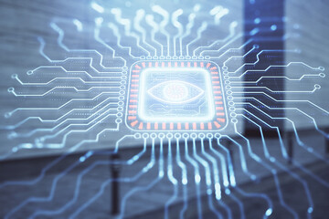 Double exposure of abstract tech hologram on empty exterior background.