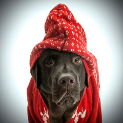 Labrador in red sweater