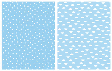 Pastel Color Geometric Seamless Vector Patterns. White Semi Circles Isolated on a Blue Background. Simple Romantic Print with Sweet Tiny Hearts on a Light Blue Layout. Baby Boy Party Decoration.