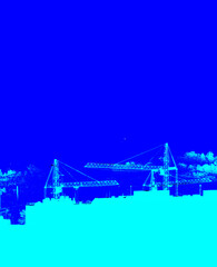 Silhouettes of lifting cranes, new multi-storey buildings construction in monochrome blue version. Art poster with space for text.