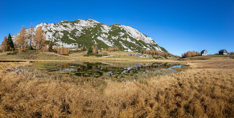 Tauplitzsee on Tauplitzalm in Ennstal, Styria during autumn time
