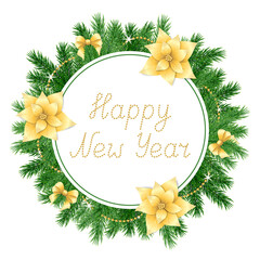 Beautiful circle frame with realistic spruce branch, hand drawn text Happy New Year made of decorative golden chain isolated on white background; Cute vector template with green Christmas tree twigs