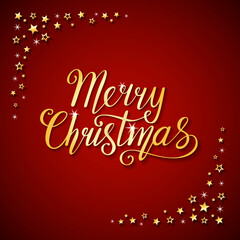 Beautiful banner with golden hand written text Merry Christmas and gold stars on dark red background; Hand drawn cute vector illustration in paper cut style; Creative graphic greeting card