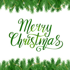 Beautiful horizontal seamless frame with realistic spruce branch, decorative golden chain and hand drawn text Merry Christmas isolated on white background; Vector template with green fir tree twigs