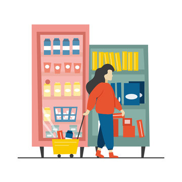 girl shopping at the supermarket, grocery cart, fridge with dairy products, weekend shopping