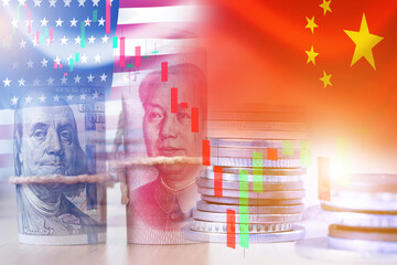 USA and China flag on coins and stock market chart .It is symbol of economic tariffs trade war and tax barrier between United States of America and China.