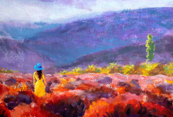Schönes Mädchen in einem gelben Kleid steht auf einem Blumenfeld, Lavendelfeld. Sommerliche warme Blumenlandschaft - Acryl-Ölgemälde auf Leinwand. © weris7554