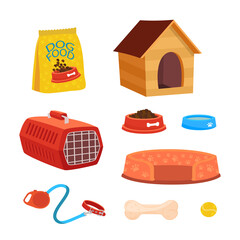 Dog accessories flat vector illustrations set