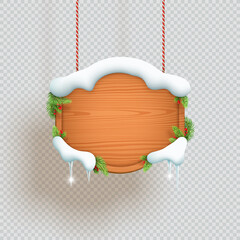 Christmas Wooden Sign Hanging With Snow And Fir