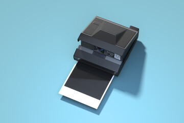 Obraz premium Instant photo camera with blank photo isolated on blue background. 3d rendering.