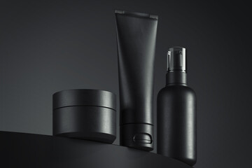 Cosmetic Bottle Set for liquid, cream, gel, lotion. Beauty product package, blank templates of containers. 3d rendering