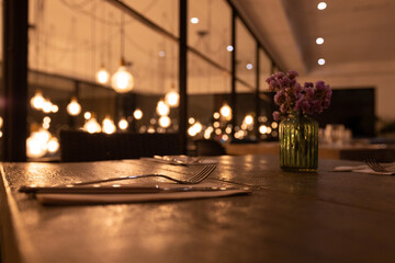 View from a restaurant at night.