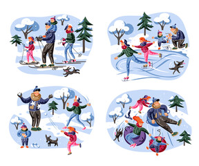 Family winter entertainment flat illustrations set