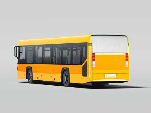 Modern yellow realistic bus isolated on gray background. back view. 3d rendering.