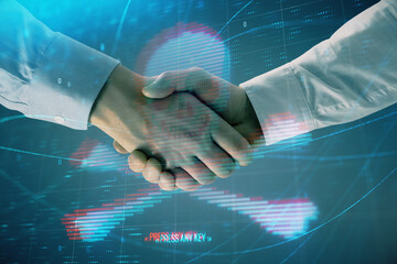 Multi exposure of hacking drawing on abstract background with two men handshake. Concept of data...