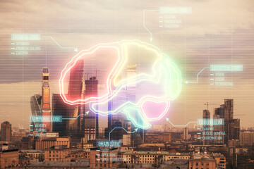 Double exposure of brain drawing on cityscape background. Concept of education