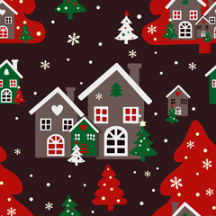 Fototapeta na wymiar Christmas pattern with houses and Christmas trees in the snow-01