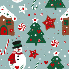 Christmas pattern with Christmas trees, snowman and gingerbread house.
