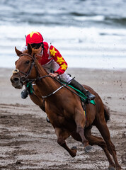 Lead race horse and jockey galloping at speed on the beach