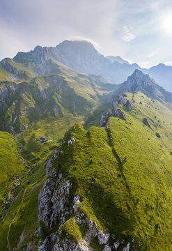 Aerial view of Rino Olmo refuge and Passo Olone with Pizzo della Presolana. Castione della Presolana, Bergamo province, upper Val Seriana, Lombardy, Italy.