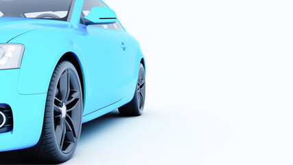 Blue car on a white background, wheel close-up. 3D illustration.