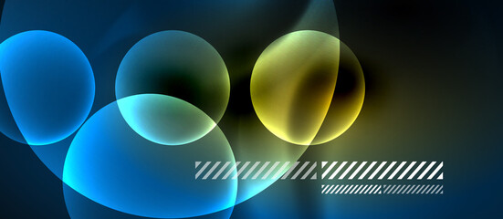 Glowing neon transparent bubbles background. Techno modern circles in dark space.