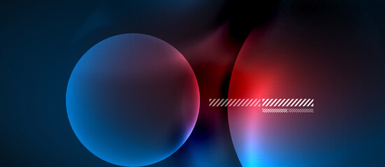 Glowing neon transparent bubbles background. Techno modern circles in dark space.