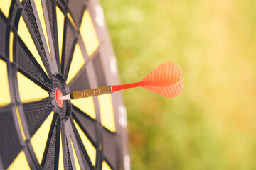 Red arrow hitting target on dart board against blurred green background . Goals concept    