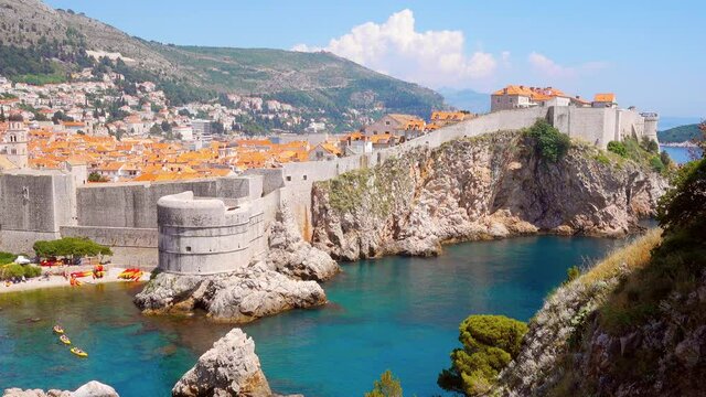 Aerial view at famous european travel destination city of Dubrovnik - Fort Bokar on a sunny day. Location place Croatia, South Dalmatia, Europe. 