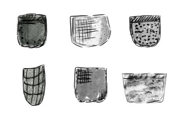 A set of flower pots avarel doodle .. Black and white isolated on white background.