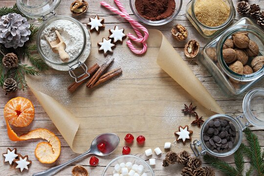 Christmas festive food background. Traditional home baking ingredients. Cpoy space.