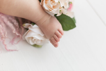 little baby feet. feet with flowers on white background