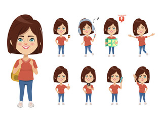 Young people character traveling with backpack holidays. Tourist character outdoor activity.