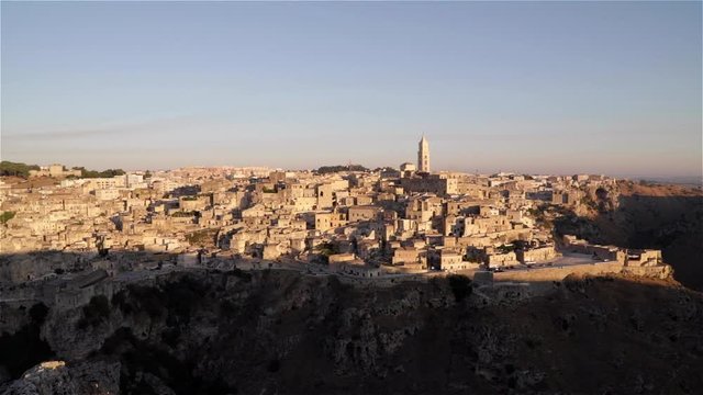 Panoramic view of the Sassi of Matera from the Belvedere of Murgia Timone on an August morning