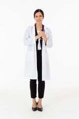 Portrait of asian an attractive young female doctor in white coat about medical or science health care concept on white background