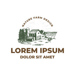 Barn and silo in the middle of farm field - logo hand drawn template © lineandcircle