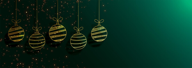 green merry christmas banner with creative golden balls