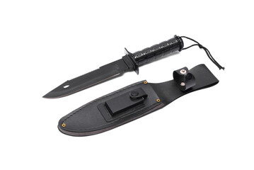 Black military knife with case isolated on white background.