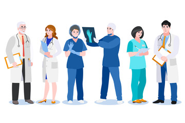 Fototapeta premium Doctors, surgeon and nurse isolated on white background. Vector flat cartoon illustration. Medical people characters