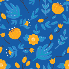 Fototapeta na wymiar Cute floral seamless pattern on a blue background